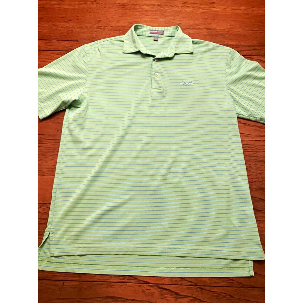 Peter Millar Summer Comfort Men’s Green Blue Striped Polo Logo Button Size M